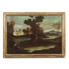 Ancient Painting ‚700 Landscape with Figures Oil on Canvas Style Frame