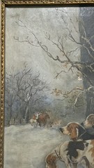 FINE ANTIQUE OIL ON CANVAS – HUNTING DOGS IN WINTER- PERIOD FRAME -READ!
