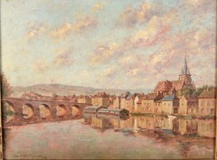 Charles Chabellard Panel Oil Painting: Old Bridge & Church, Yonne, France