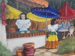 Mid-Century Mexican Market Scene Oil Painting by Margaret Rangel (San Diego)