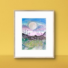 Full Moon Over Mountains And Meadows Imxpressionist Original Watercolor 9×12