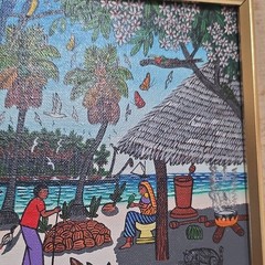 I. Mendez 1996 Signed Framed Canvas Naïve Folk Art Coastal Village Scene
