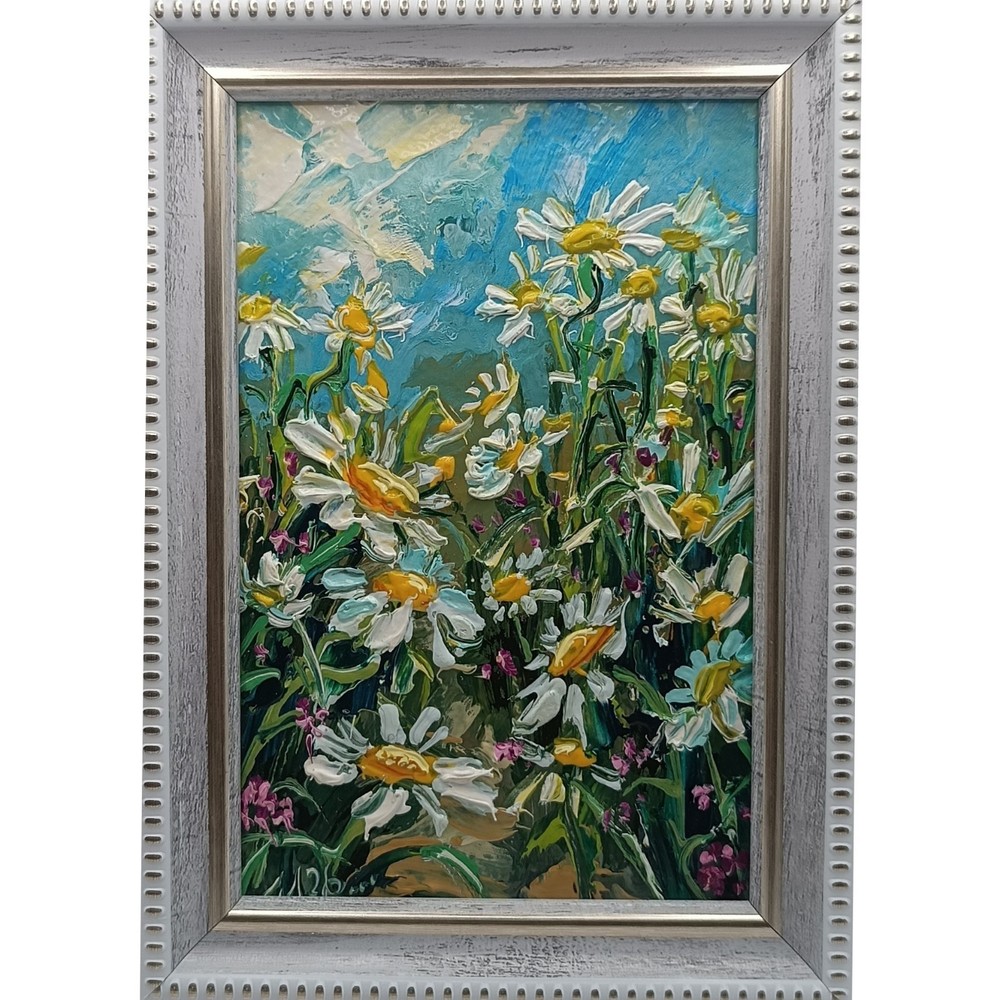 Original Oil Painting Daisies Floral Impasto Wildflowers Framed Meadow Art