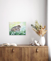 Original acrylic small painting bunny rabbit hare wild life flowers meadow