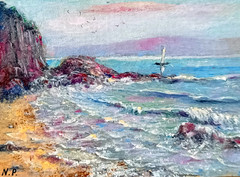 Original Sea ACEO Waves Sailboat Marina Seascape Miniature Oil Painting Signed