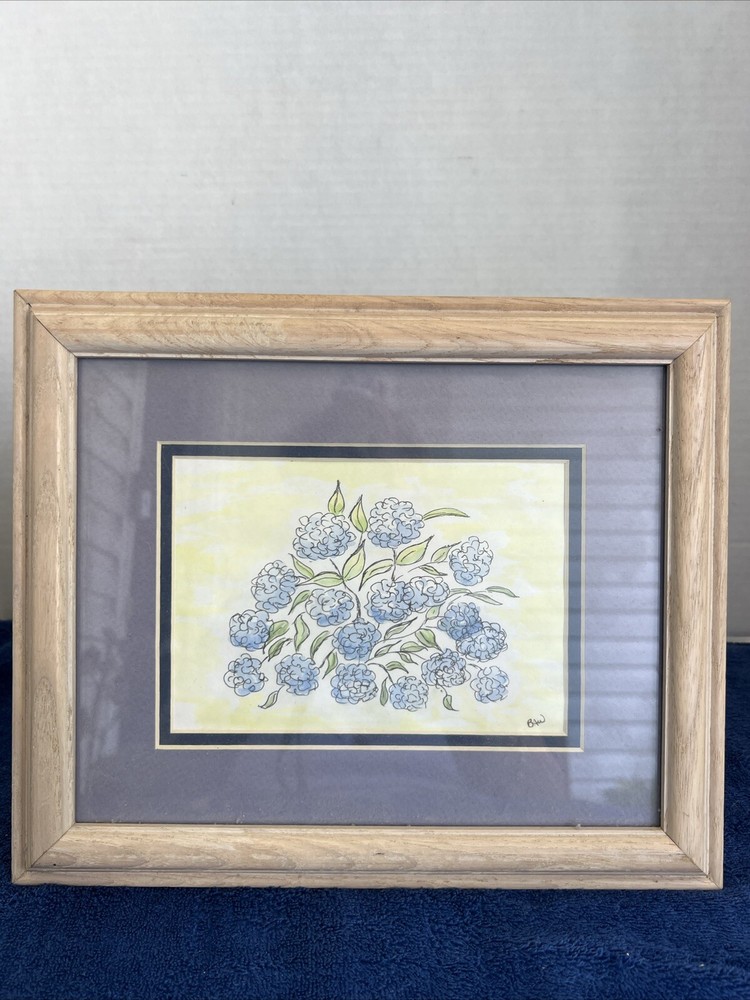 Original watercolor painting Blue hydrangea Botanical wall art Signed Mexico