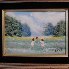 Vintage J POLK Enamel Girls Playing In Field Copper Painting Matted Framed Art