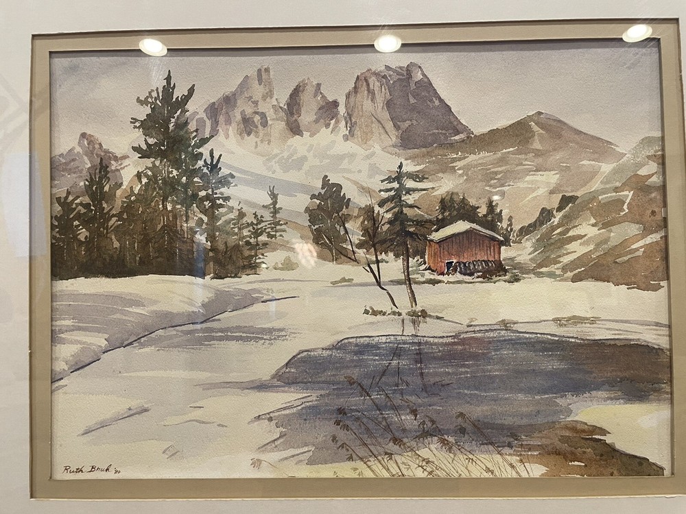 Original Watercolor Art Snowy Cabin By The Lake Professionally Framed Signed