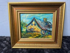 15″x13″ Framed oil painting on board of a rustic Quebec stone house, signed.