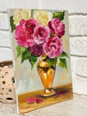 Flowers Roses Painting Original Oil Impressionism Golden Vase Signed Art 12×8 in