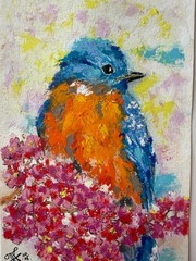 Blue Jay Painting Bird Original Art Floral Painting Pastels Art Flowers Artwork