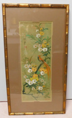 Vintage Asian wooden Bamboo framed & signed BIRD & FLOWERs PAINTING ON CORKBOARD