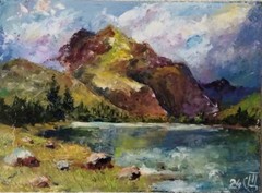 Painting „Mountain landscape“. Oil on hardboard. Palette knife. 5x7inc.Handmade