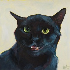Black Cat Portrait with Green Eyes Oil Painting 8×8 inches