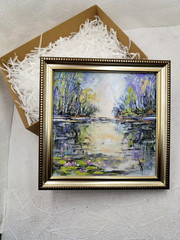 Original Oil Painting 6×6 in Framed Signed The Quiet Lake Impasto Art Home Decor