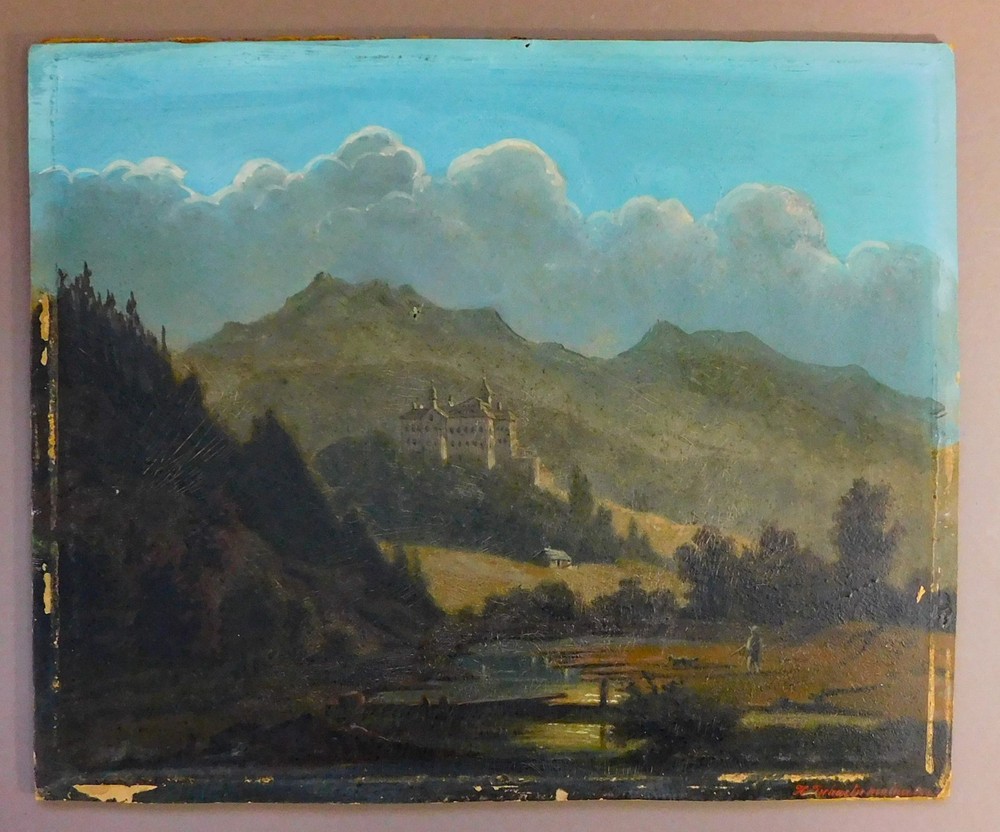 19TH C EUROPEAN LANDSCAPE OIL PAINTING CASTLE TREES HUNTER MOUNTAINS SIGNED