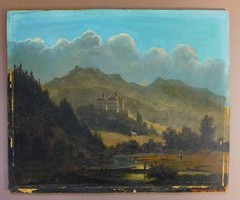 19TH C EUROPEAN LANDSCAPE OIL PAINTING CASTLE TREES HUNTER MOUNTAINS SIGNED
