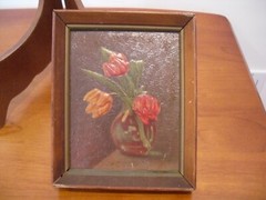 Small „Vase Of Flowers Scene“ Oil Painting – VINTAGE Framed SIGNED ? 4 3/4 X 6″