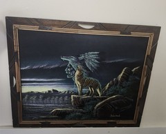 Vintage Painting By Ernesto Sanchez, often titled „Tribal Howling Wolf Spirit.“