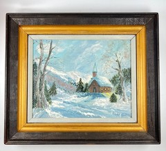 Vintage original small oil painting wood framed gallery wall winter landscape