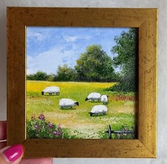 Summer Original Oil painting Country Landscape Sheep on the Meadow 4 x 4 in