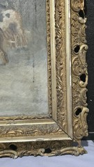 FINE ANTIQUE OIL ON CANVAS – HUNTING DOGS IN WINTER- PERIOD FRAME -READ!