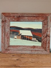 Vtg Oil Painting After Eric Sloane Winter Barn Landscape Signed A.E Rossanese