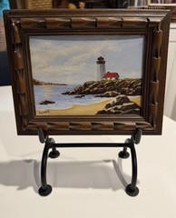Vintage Lighthouse Oil Painting 7.5×9.5 Signed Coastal Sea Bay Wood Frame