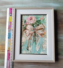 Original Oil Painting Pink Bow and Rose Art Miniature Signed Art 6×4 in