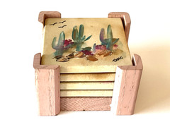 Tasso Southwest Cactus Desert Scene Pottery Signed Set of Coasters