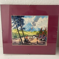 Pair small Vintage South America Island Landscape Watercolor Paintings Signed