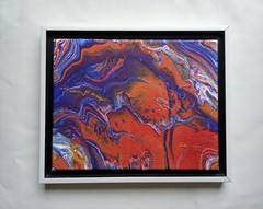 Original Acrylic 8 x 10 Pour Blue / Red Painting with a white floater frame