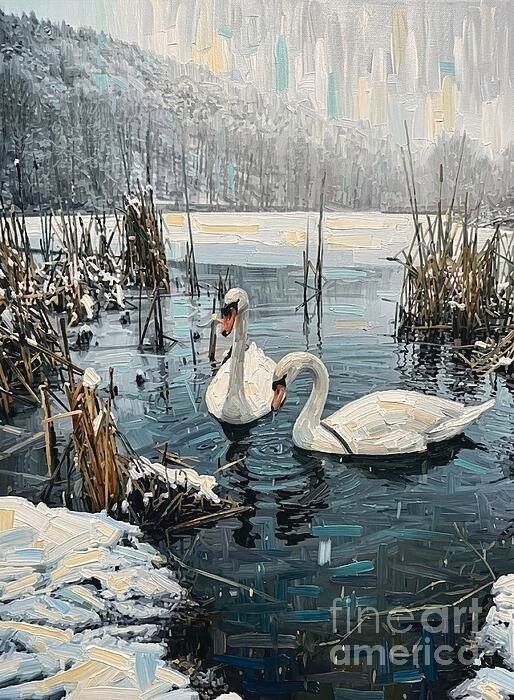 new hand made Painting on 24″*36″ canvas WHITE SWAN IN A WINTER LAKE by Wendy