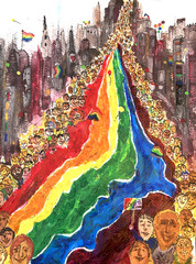 „Pride in the City“ Pride flag, Pride parade, LGTBQ+, Gouache, ink.