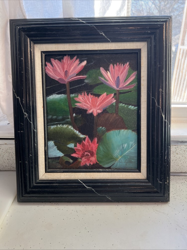 Vintage Oil Painting “Water Lillies Barbados” By Doris Convery Logan 8×10 1991