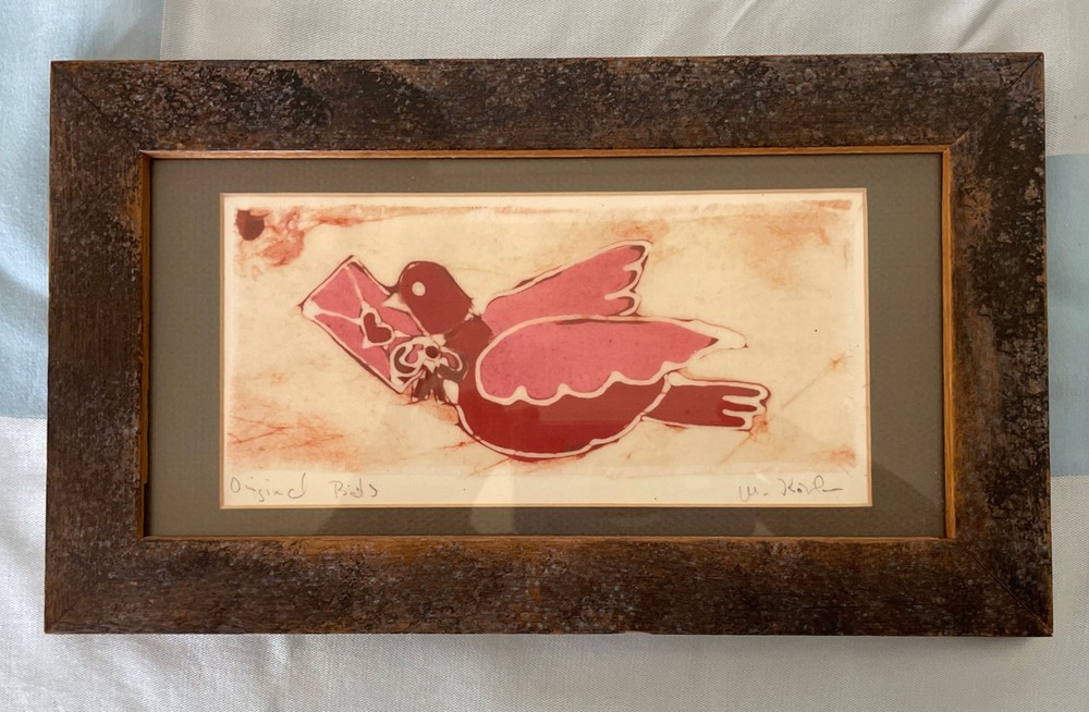 Original Batik Textile Art Bird w Letter Hand Dyed Silk Framed & Matte 12 x 7”