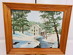 1992 Original Oil Painting on Canvas by H C KNEBEL RIVER through snowy Gristmill