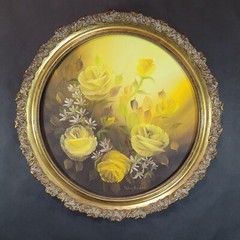 Yellow Rose Flower Original Painting Signed Round Gold Frame OOAK Wall Art