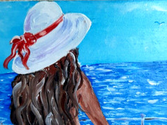 Oil painting.Girl in a hat on a yacht looks into the distance.Modern mini art.