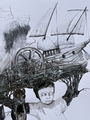 Ink On Cardboard SKETCH ALAIN DONATE cuban Artist 16″x 23″ORIGINAL SURREAL ART