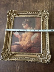 Vintage Framed Print “Young Girl Reading” Painting Ornate Gold Plastic Frame