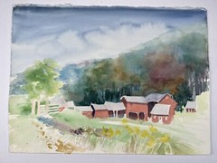 Red Barn Minimalist Art Watercolor Painting Rural Farm Scene 11×15” Country
