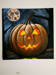 Pumpkin Halloween Moon Night forest Sky Original acrylic painting. Wall decor.