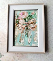 Original Oil Painting Pink Bow and Rose Art Miniature Signed Art 6×4 in