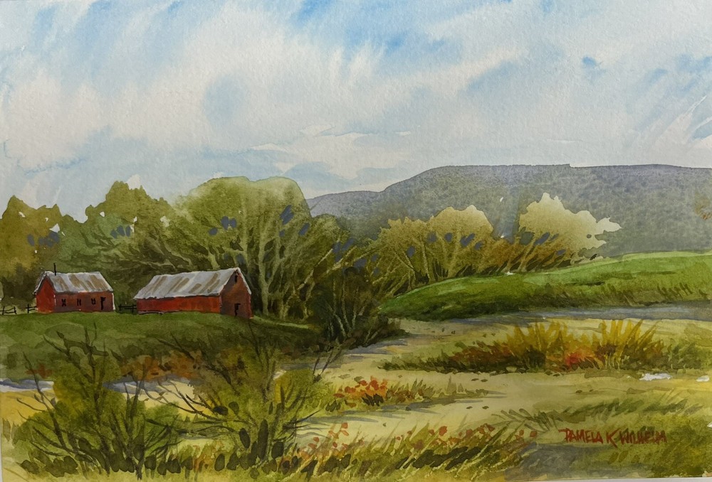 Pamela Wilhelm original 5×7 Watercolor Red Barns On Summer Farm Road
