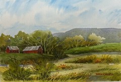 Pamela Wilhelm original 5×7 Watercolor Red Barns On Summer Farm Road