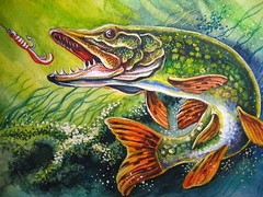 Watercolor Painting River Fish Pike Lure Bait Fishing 5×7