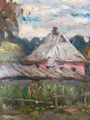 Oil painting Yard Ukrainian painter canvas Unframed original Decor landscape