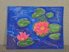 Original Art Lilypad Pond Scene With Flowers Painting Acrylic With Pastels Blue