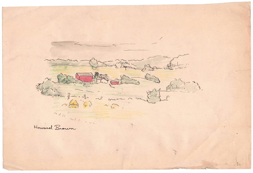 Howard Scott Brown Ohio Farm Landscape Watercolor & Ink Drawing Signed c1930s